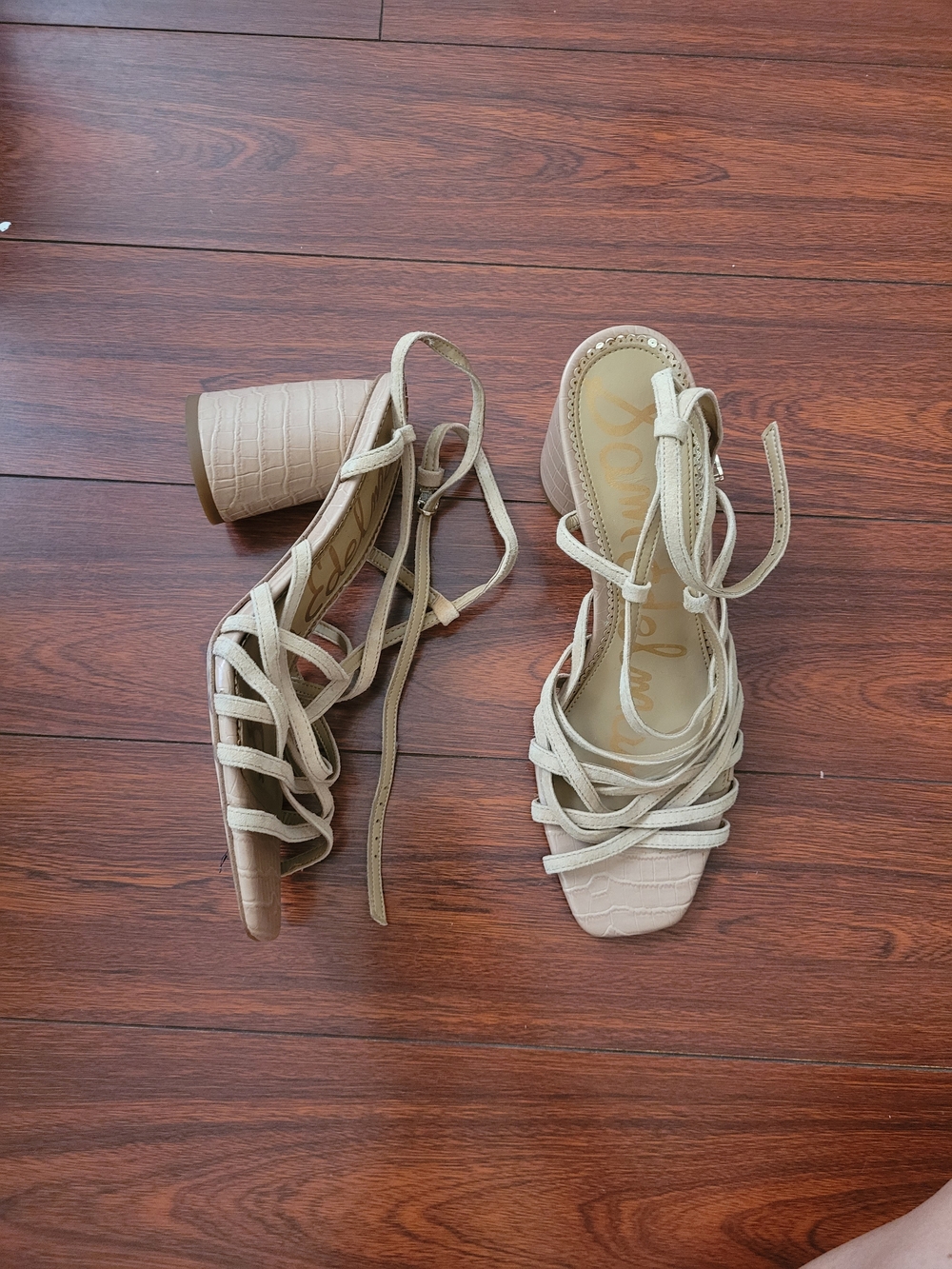 Sam Edelman Beige Strappy Lace-Up Block Heel Sandals
